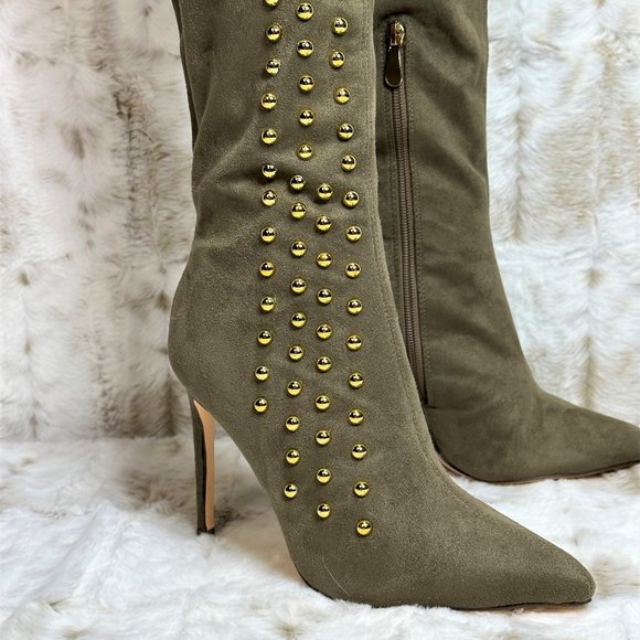 So Me Olive Army Green Gold Stud Thigh High Heel Boots - Picture 4 of 7